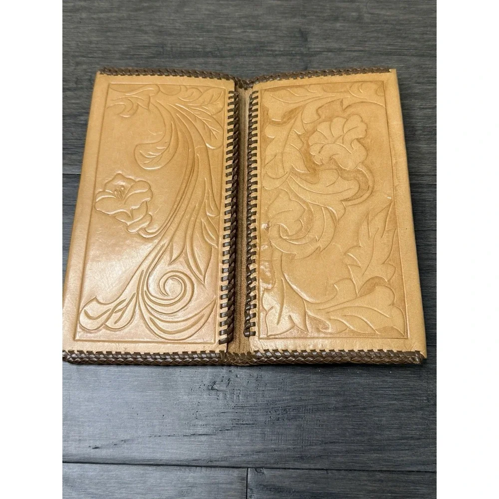 Vintage Hand Tooled Leather Fold Wallet Leaves Floral Western